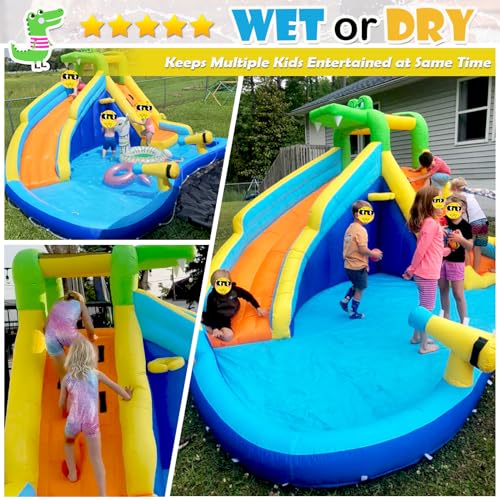 Inflatable Water Slide for Kids 8in1 Water Park 158x138x89in Waterslide Inflatables with 450W Blower+2 Cannons+Climbing Wall+Splash Pool+Crocodile Sprinkler Blow up Water Slides for Kids Backyard Fun