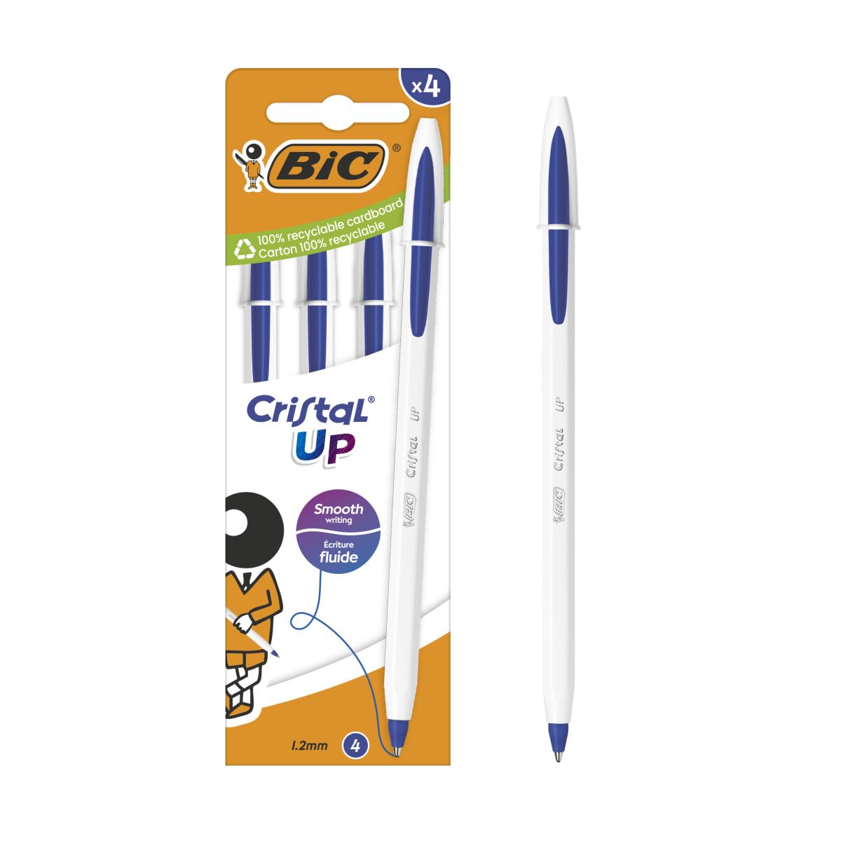 BIC Cristal Up Ballpoint Pens Broad Point (1.2mm) with Bicolor Body - Blue Ink, Pack of 4