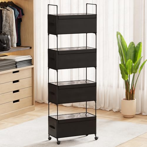 Image of Lukzer 4-Tier Clothes Organizer Basket with Wheels | Fabric Closet Storage Rack for Folded Clothes | Metal Rolling Wardrobe Shelf for Bedroom Closet & Laundry Room (Black /28x57x180 cm)