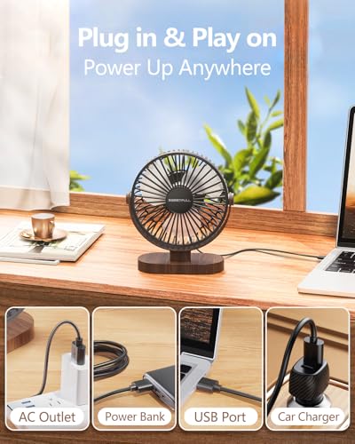 SWEETFULL 6.5 Inch USB Small Desk Fan, 3 Speeds Quiet Portable Desktop Table Fan, 360° Adjustment Personal Mini Fan for Home Office Car Outdoor Travel (Black wood grain) — view 6