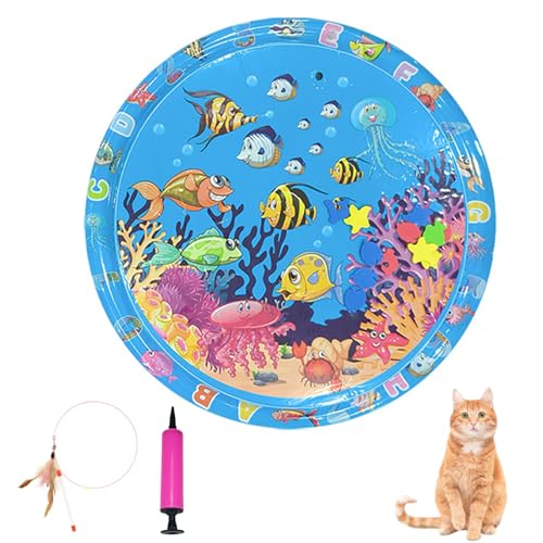 PUFE 海をテーマにしたペット水感覚マット、インタラクティブウォータープレイマット、猫と子犬用、100 * 100cm/39.37 * 39.37インチ、スタイル-D