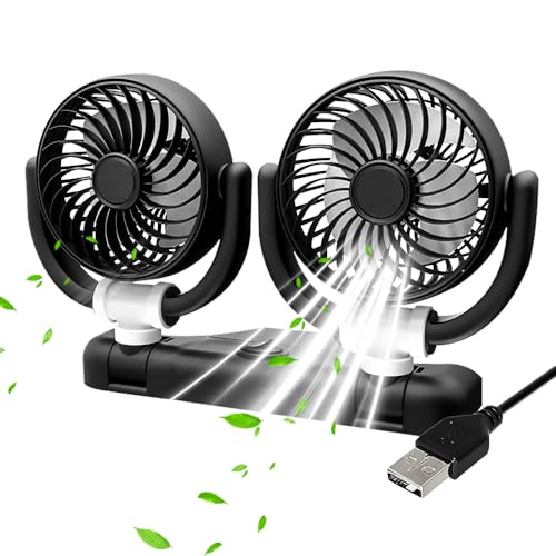 IXYHKB Ventilador USB de Coche, 5V Ventilador Para Coche de Doble Cabeza, 2 Velocidades Rotación de 360​​° Ventilador de Coche, Portatil Ventilador de Coche para 12/24v SUV Vehículo de Crucero RV