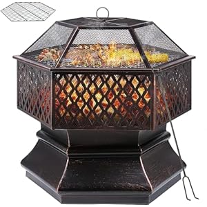 Feuerschale, Feuerschale mit Funkenschutz, Feuerschalen für den Garten, Feuerkorb mit Grillrost,Sechseckige Feuerstelle Outdoor mit Schürhaken Kohlerost, Solide und Stabil, 71*71*63 cm für Heizung/BBQ