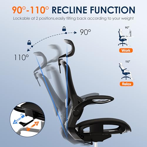 Image of GABRYLLY Ergonomic Mesh Office Chair, Adjustable Home Desk Chair with Folding Armrest, 2D Headrest, Soft Seat and PU Wheel, Black Swivel Task Chair for Office, Business, Student (GY1108)