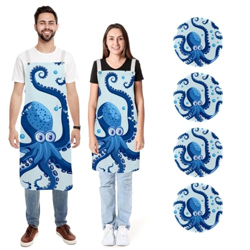 Tablier en lin pieuvre bleu lot de 2 réglable taille L et M