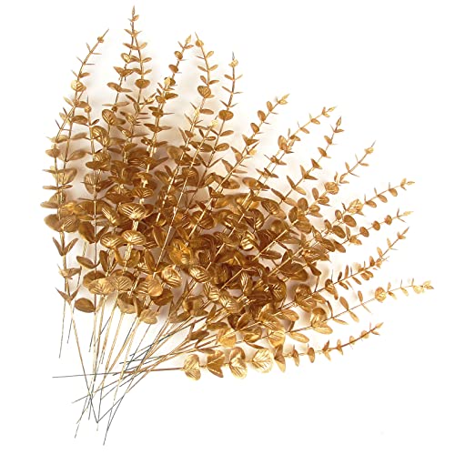 Image of Tinsow 26pcs Artificial Eucalyptus Stems Gold Faux Eucalyptuses Branch Real Touch Leaf Wedding Bouquet Minimalist Fall Home Decor