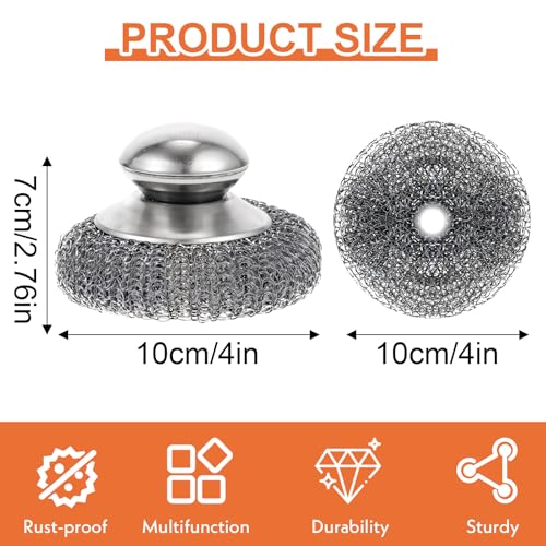 Image of 2 Pcs Stainless Steel Wool Scrubbers with Handle and 2 Pcs Replacement Metal Wool Pads, Steel Pot Dishes Scrubber for Scouring Stubborn Messes from Cast Iron, Pots, Pans, Grill, Stoves, Sink, Dishes