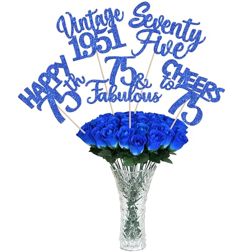 Image of 15 PCS 75th Birthday Centerpiece Sticks Glitter Seventy Five Happy 75 Vintage 1951 Table Flower Centerpieces Sticks Cheers to 75 Fabulous Floral Decorations for 75th Birthday Party Supplies Blue