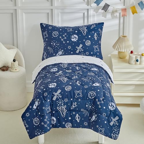Image of DuShow Navy Blue Toddler Bedding Set for Boys,4 Pieces Space Crib Bed Sheets Set,Soft Toddler Comforter Set in a Bag, Includes Quilted Comforter, Flat Top Sheet, Fitted Sheet, Envelope Pillow Case