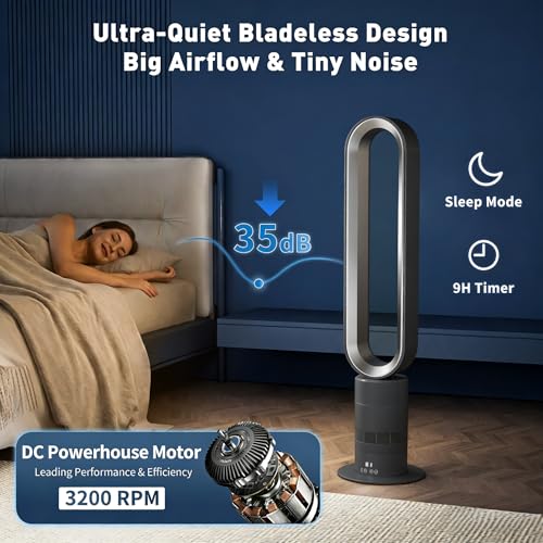 Image of Xcity H601 Bladeless Tower Fan, 10 Cooling Speeds, Remote Control, Ultra-Quiet Brushless DC Motor for Bedroom, Living Room & Office Commercial, Silver & Gray