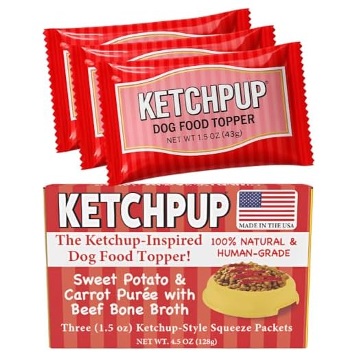KetchPup, Natural Ketchup for Dogs, Human-Grade Dog Food Topper & Meal Enhancer, Sweet Potato, Carrot & Beef Bone Broth, USA Made, Packed with Vitamins & Fiber, 3 Pack, 1.5 oz Packets (4.5 oz Total)