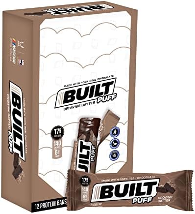 Built Bar 12 Pack High Protein Energy Bars | Gluten Free | Chocolate Covered | Low Carb | Low Calorie | Low Sugar | Delicious Protien | Healthy Snack (Brownie Batter Puff)