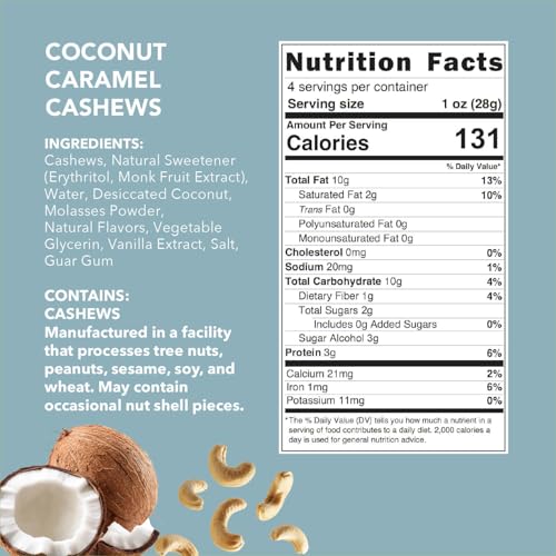 Image of Earthside Farms Coconut Caramel Cashews Snack Packs, No Sugar Added Keto Friendly Nuts, Vegan Gluten Free Non GMO Low Carb Snack, Plant Protein Treat, 4oz Resealable Bags, 3 Count