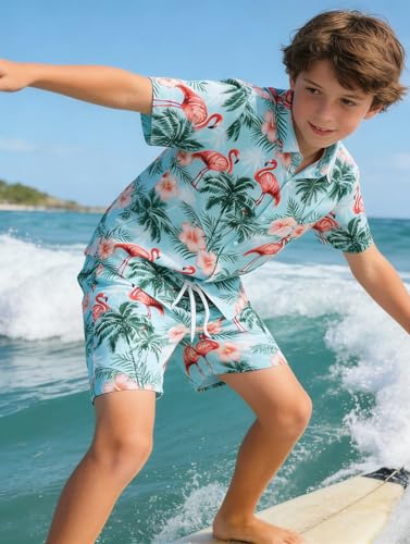 Image of UNICOMIDEA Boys Hawaiian Outfits Tropical Print Button Down Shirt + Swim Trunks 2 Piece Sets for 5-12T Kids