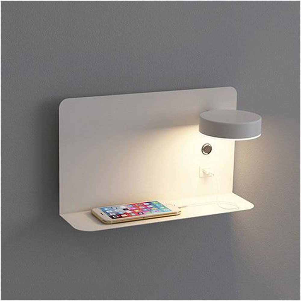 Bedside LED Wall Light with USB Port and Switch, 7W Modern Rotation Reading Lights White Aluminum Wall Lamp with Shelf for Bedroom Living Room Study Room Office and Hotel 3000K Warm White,A