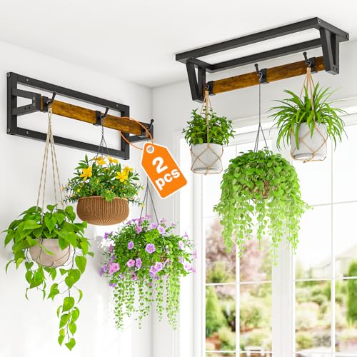 LASZOLA 2 Pcs Plant Hanger Indoor with 6 Heavy Duty Hanging Hooks Metal and Wood Wall Mounted Plant Hanging Rod Plant Shelves Holder Bar for Kitchen Window Ceiling (Pot/Chain/Plants not Included)