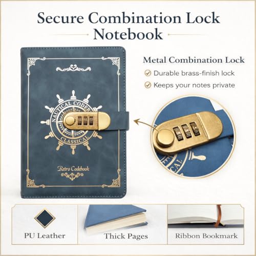 Image of STORE 2508 Vintage Finish Lock Diary with 3-Digit Metal Combination Lock | A5 Retro Codebook Journal | PU Leather Notebook with 230 Pages | Secret Password Diary for Writing Notes Gifts (Blue Retro)
