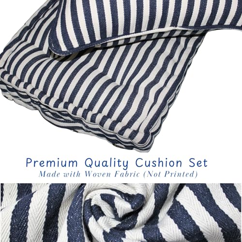 Image of Woven Quilted Floor Cushion Set 60x60x10 CM Navy Blue Stripe with Fillers & Back Cushion, Large Size for Seating, Patio Seat, Meditation, Yoga, Pooja, Guests, Living 24x24x4 Inch