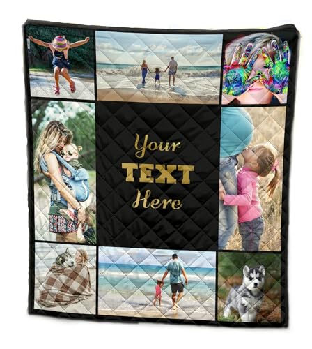 Customized Photo Quilt with Up to 8 Photos and Custom Text Center Personalized Family Memory Blanket Gift (Queen Quilt 80x90)