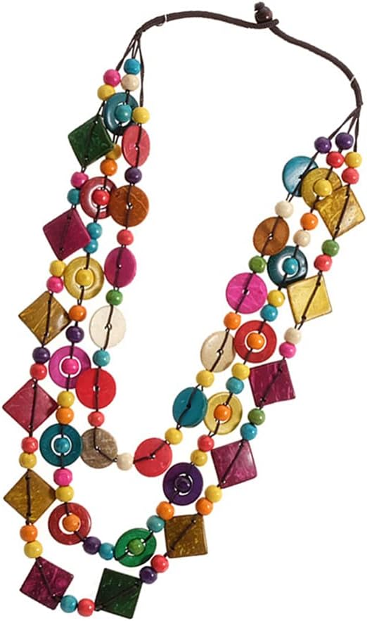 Bohemian Shell Necklace Wood Bead Statement Collar Necklace Chunky Layered Handmade Beaded Long for Women (Colorful) - Image 8
