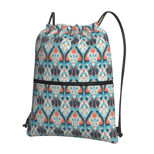 Ethnic Pattern Blue Gym Drawstring Bags Dance Bag With Front Zipper Pocket For Yoga2