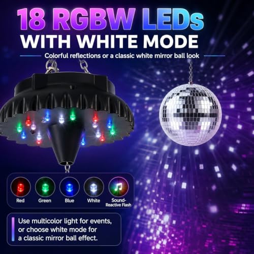 Image of Rechargeable Disco Ball Motor Light: 4000 mAh Battery Disco Ball Spinner | Rotating Mirror Ball Motor Fits 4-10 Inch Mirror Balls - 18 RGBW LEDs 0 /5 /10 /15 RPM 5 Modes for Party Wedding Ceiling Decor