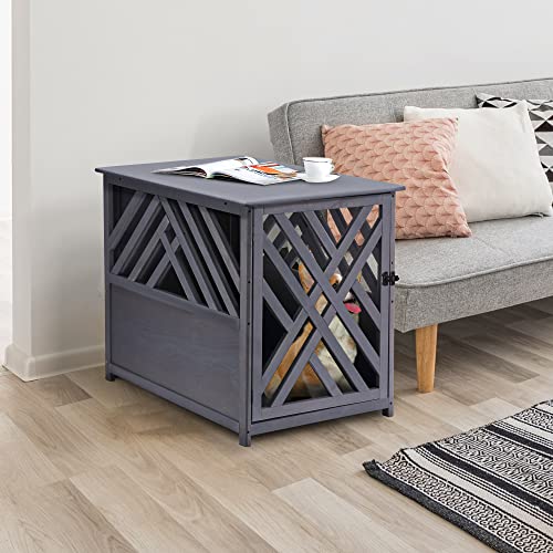 Pawhut Furniture Style Wood Dog Crate End Table Decorative Dog Cage Kennel Lattice Night Stand With Lockable Door, Grey #TOP1