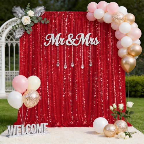 Image of 10FTx10FT Red Sequin Backdrop Curtain Photo Photography Party Decorations | Twilight Sparkle Glitter Fabric for /Wedding /Baby Shower /Happy Birthday /Christmas /New Years /Bachelorette /Theme Party