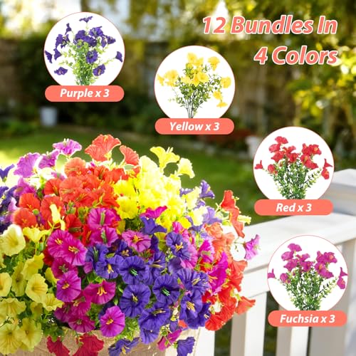 Image of 12 Bundles Artificial Flowers for Outdoors, Fake Silk Morning Glory(Mix) | Artificial Flowers UV Resistant Faux Eucalyptus Plants for Summer Home Garden Balcony Yard Porch