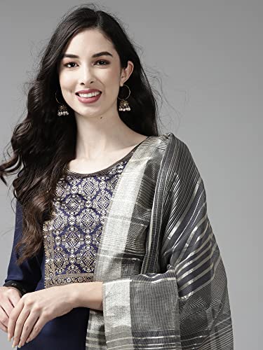 Image of INDO ERA Women's Cotton Blend Yoke Design Straight Kurta with Pant & Dupatta Set
