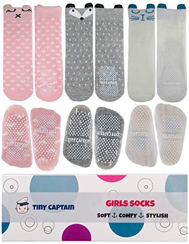 Baby Girl Knee High Socks 8-24 Months Long Thick Baby Toddler Gripper Non-Slip (Pink, White, Grey, Small) - Thumbnail 4