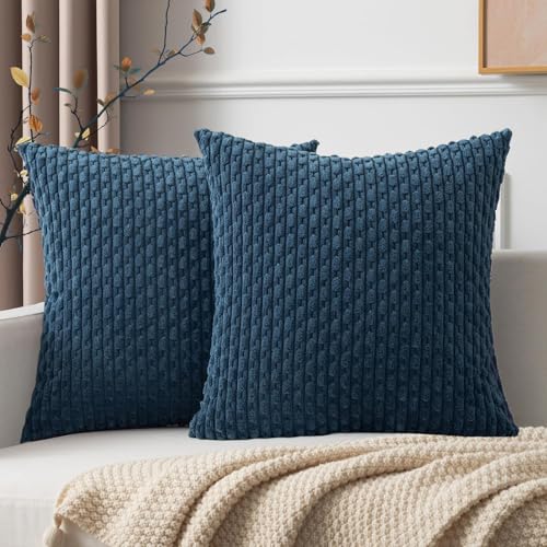 2 Packs Throw Pillow Covers Corduroy, Decorative Lumbar Pillow Covers, JOMWEN Super Soft Boho Striped Cushion Covers for Couch Bed Sofa Livingroom (Blue, 45 x 45 cm)