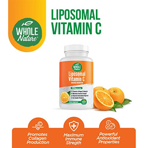 Whole Nature Liposomal Vitamin C Supplement Pills 1200 Mg - High Absorption 180 Vegan Capsules Fat Soluble Vit C, Maximum Strength Immune System And Collagen Booster, Sunflower Lecithin , Lypo Spheric #TOP2