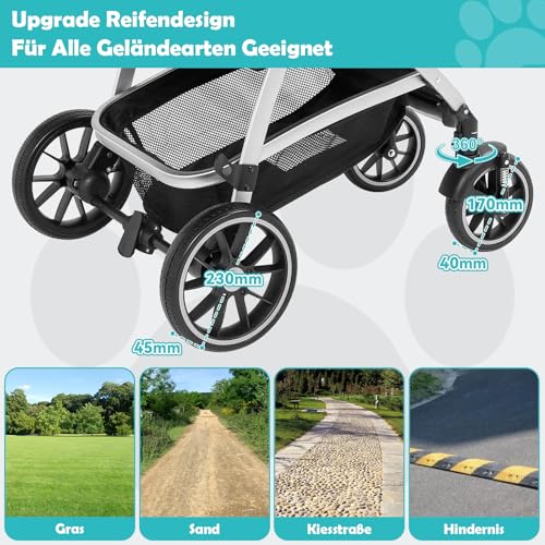 DAISTERN Hundebuggy Hundewagen Klappbar bis 25KG, Hundetrolley Faltbar mit Rahmen aus Aluminiumlegierung, 360° drehbare Gummireifen, Hinterradbremsen, Sicherheitsleine und Bequemes Sitzkissen Grau
