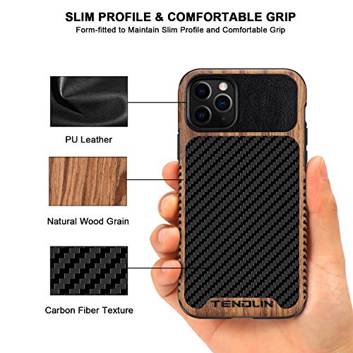 TENDLIN Compatible with iPhone 11 Pro Case Wood Grain with Carbon Fiber Texture Design Leather Hybrid Case Black by TENDLIN - Image 3