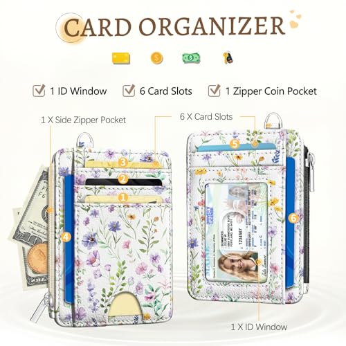 Image of Kelvoris Flowers Credit Card Holder Small Wallet Women, Slim RFID Keychain | Keychain, Zipper Coin Pocket, Front Pocket Thin Travel Card Case, Minimalist, 6 Card Slots, 1 ID Window, Ladies Gifts Woman