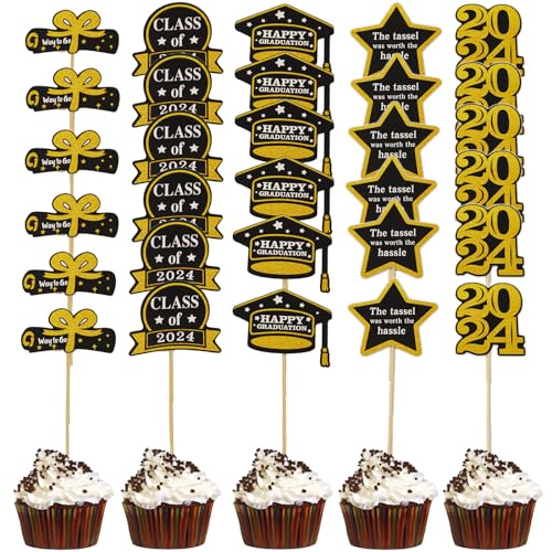 Chanseen 30Pcs Black and Gold Graduation Cupcake Toppers Class of 2024 Congrats Grad Cupcake Topper Picks Party Accessories Decorations Party Supplies (Gold, Black)