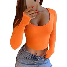 GEMBERA Womens Long Sleeve Crop Tops Scoop Neck Fitted Basic Workout Tee
