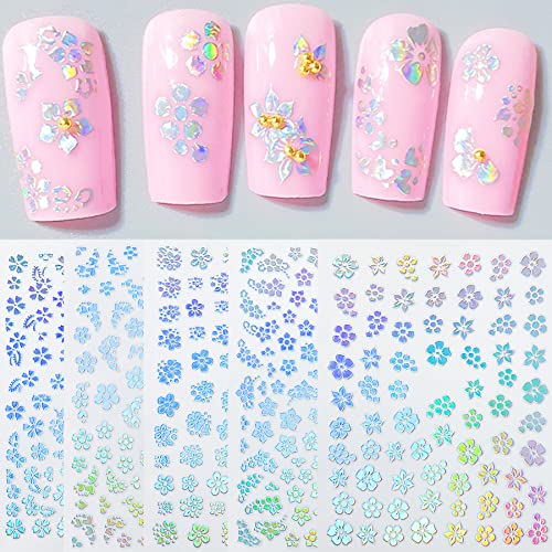 Aurora Nail Decal Stickers For Nail Design Nail Art Decoration Holographic Laser Color Luxury Flowers With 5 Petals Self Adhesive Nail Decal For Women Girls Fingernails Acrylic Nails Decor (Pack Of 5) #TOP8