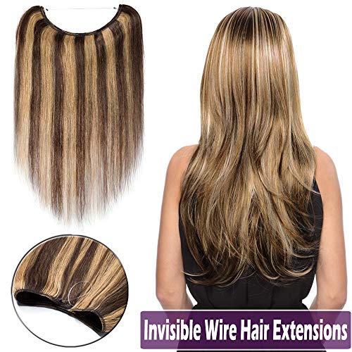 16"-22" Human Hair Hidden Wire Extensions Highlight Secret Fish Line Hair Extensions Long Straight No Clips No Glue Hairpieces Invisible Fish Line in 16" 60g #4/27 Medium Brown Mix Dark Blonde