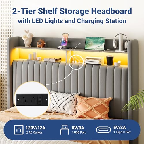 Image of Allewie Full Size Lift Up Storage LED Bed Frame, Charging Station, Grey