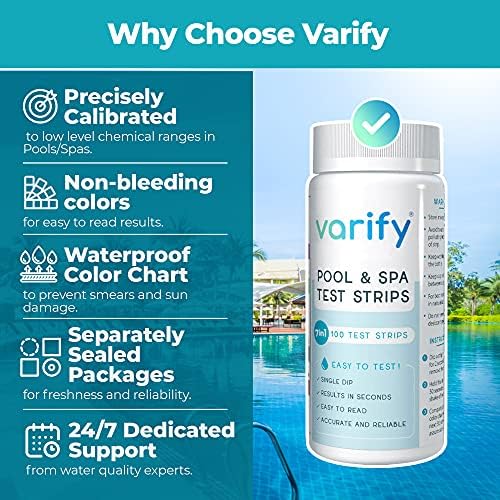 Varify 7 in 1 Pool and Spa Test Strips- Easy to Use Water Testing Kit for Pool, Spa, Hot Tub & More - Tester Strip for Water Hardness, Chlorine, Bromine, pH, Alkalinity and Cyanuric Acid (100 Strips) — view 3