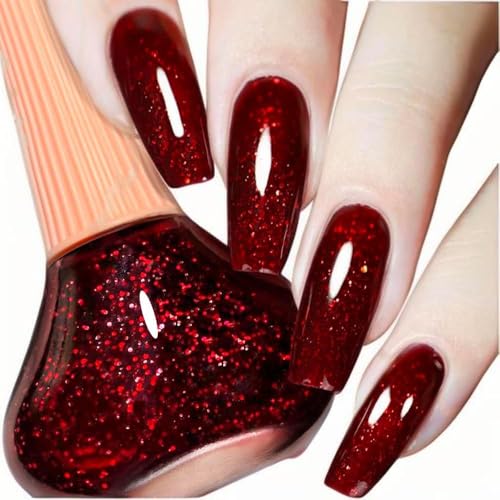 COSMOO Wine Red Glitter Nail Polish, 12ml Wine Red Quick Dry Nail Lacquer for Nail Art Varnish, 0.41 fl oz
