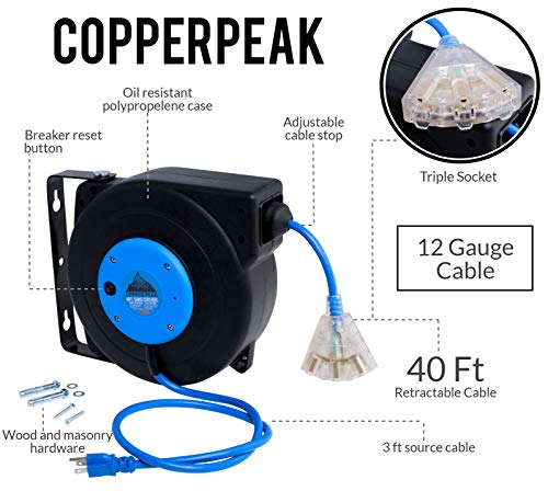 CopperPeak 40 Foot Retractable Extension Cord Reel - Ceiling or Wall Mount - 12 Gauge - Blue and Black - Thumbnail 2