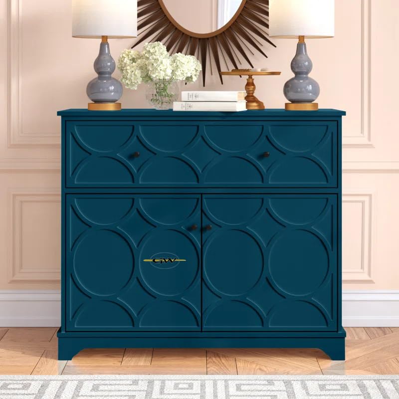 Chest of 1 Drawer for Storage with 2 Doors1 Shelf Mango Wood Sideboard Cabinet, Closet Organizer Storage for Bedroom, Kitchen, Living Room, Colour Blue Top 36x34x15 Inches (S6)-image-29