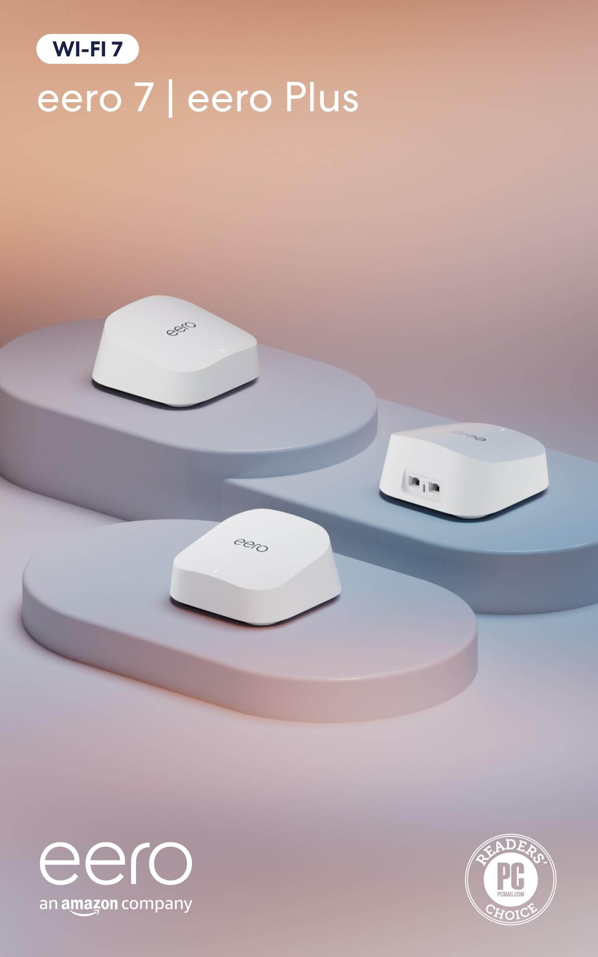 Amazon eero 7 with 1 month free eero Plus (auto-renews) - Supports internet plans up to 2.5 Gbps, Coverage up to 6,000 sq. ft., Connect 120+ devices, 3-pack with 1 month free eero Plus 3-pack