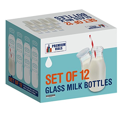 Premium Vials, 11 Oz Glass Milk Bottle Set Of 12 - Includes Reusable White Lids And Straws (12) #TOP5