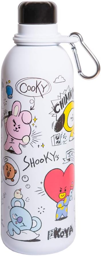 BT21 Official Merchandise Water Bottle-Sports Bottle-500ml / 17OZ, Stainless Steel, Vacuum Insulated Water Bottle, Double Wall Reusable Water Bottle With Carabiner, BPA Free