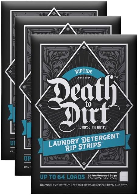 Death to Dirt Laundry Detergent Sheets, 192 Loads, Tough on Stains and Odors, Gentle on Skin and Fabric, Plant-Based & Eco-Friendly, RipTide Ocean Scent, 32ct (3 Pack)