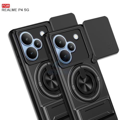 Image of AESTMO Realme P4 5G Back Cover | Armor Camera Slider 360 Degree Rotating Finger Ring Holder Case with Bracket Stand Back Case Cover for Realme P4 5G (Compatible with MagSafe Accessories) (Black)